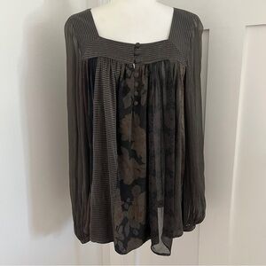 Elizabeth & James 100% Silk Olive Green Blouse patchwork floral striped Sz S*S11